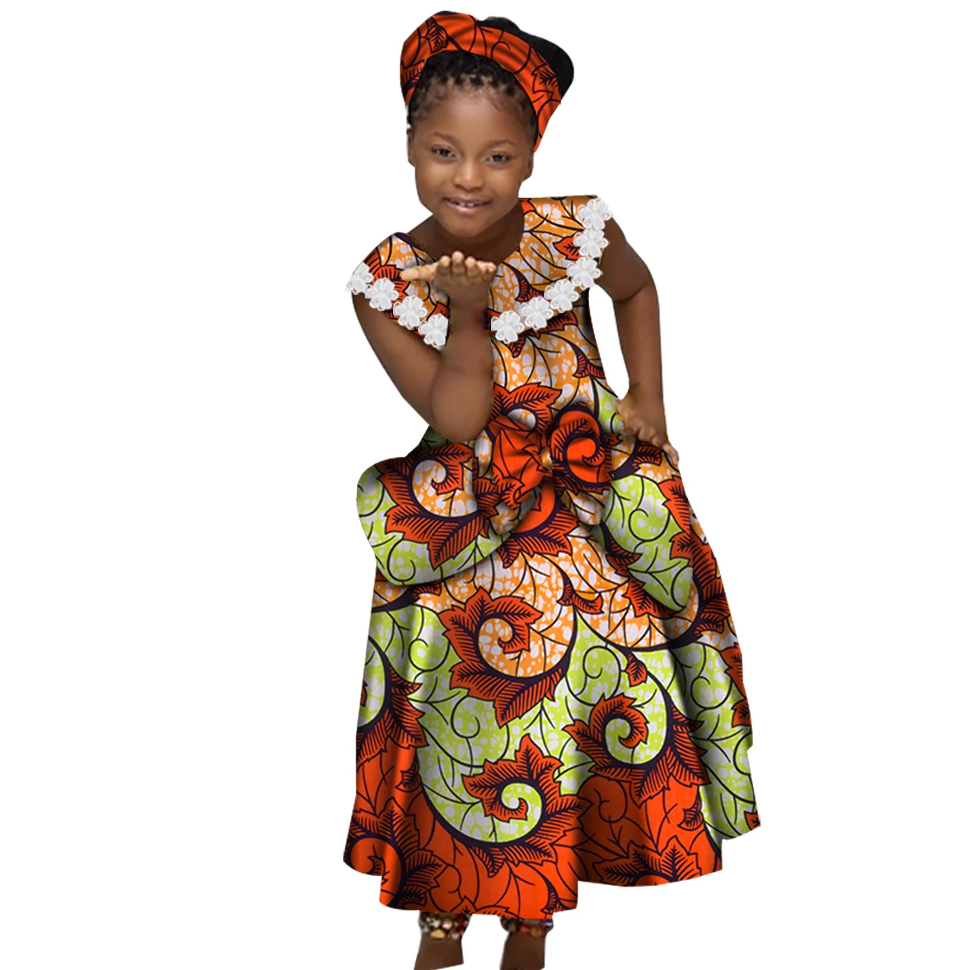 African Dresses for Little Girls Pleated Skirt Gifted Hair Band Lovely Girl Clothing with Big Bow Custom Size Clothes  WYT538