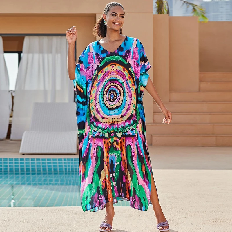 

African Tribal Totem Print Kaftan Vibrant Swirl Patterns Colorful Maxi Dresses Women Holiday Elegance Long Caftan Robe Cover Ups