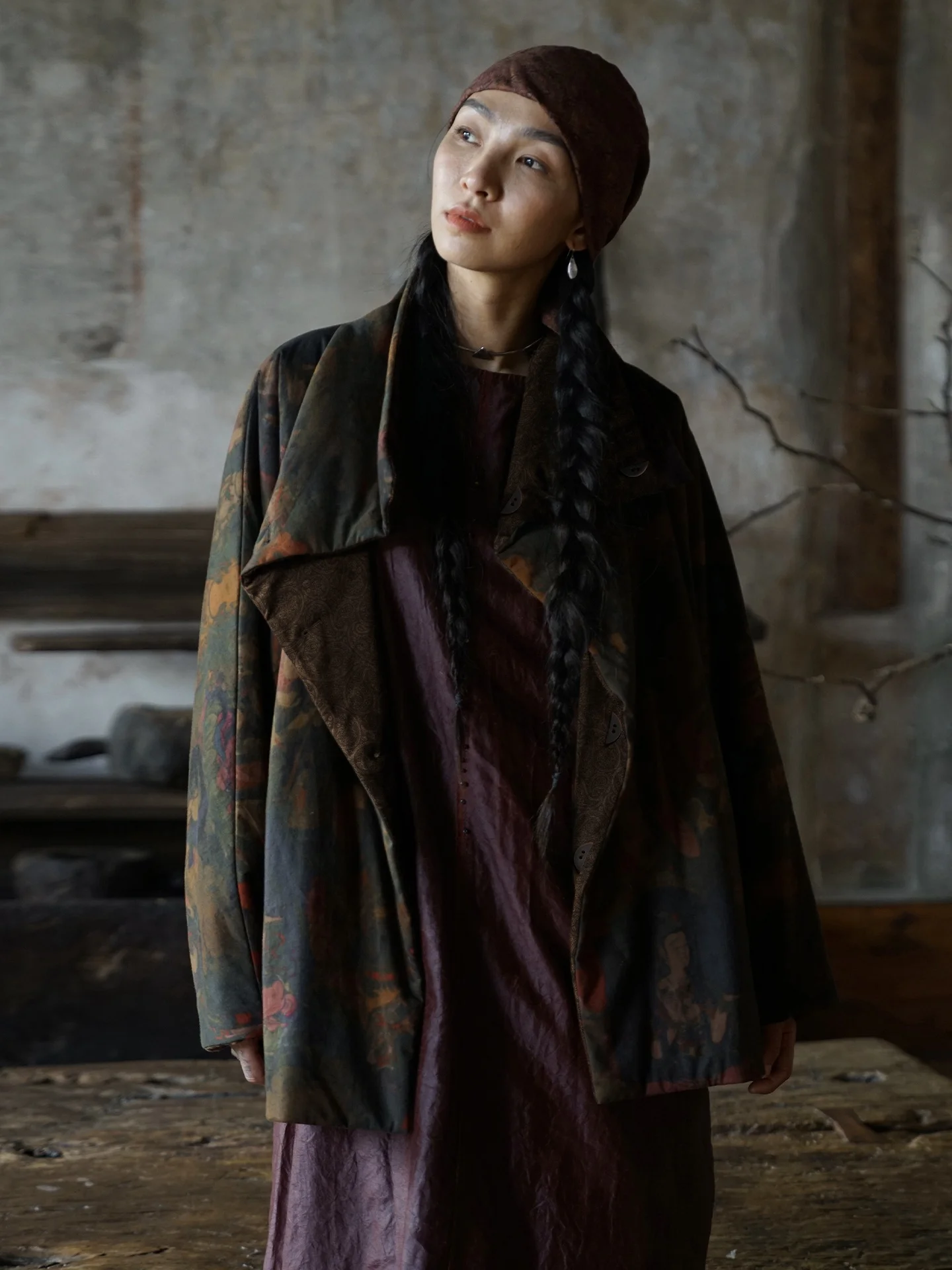 

Warm Cotton Jaet Women's Double-sided Print Stand Collar Coat Self-sufficient Bellows Non-flaring Winter Faion Ethnic Sle