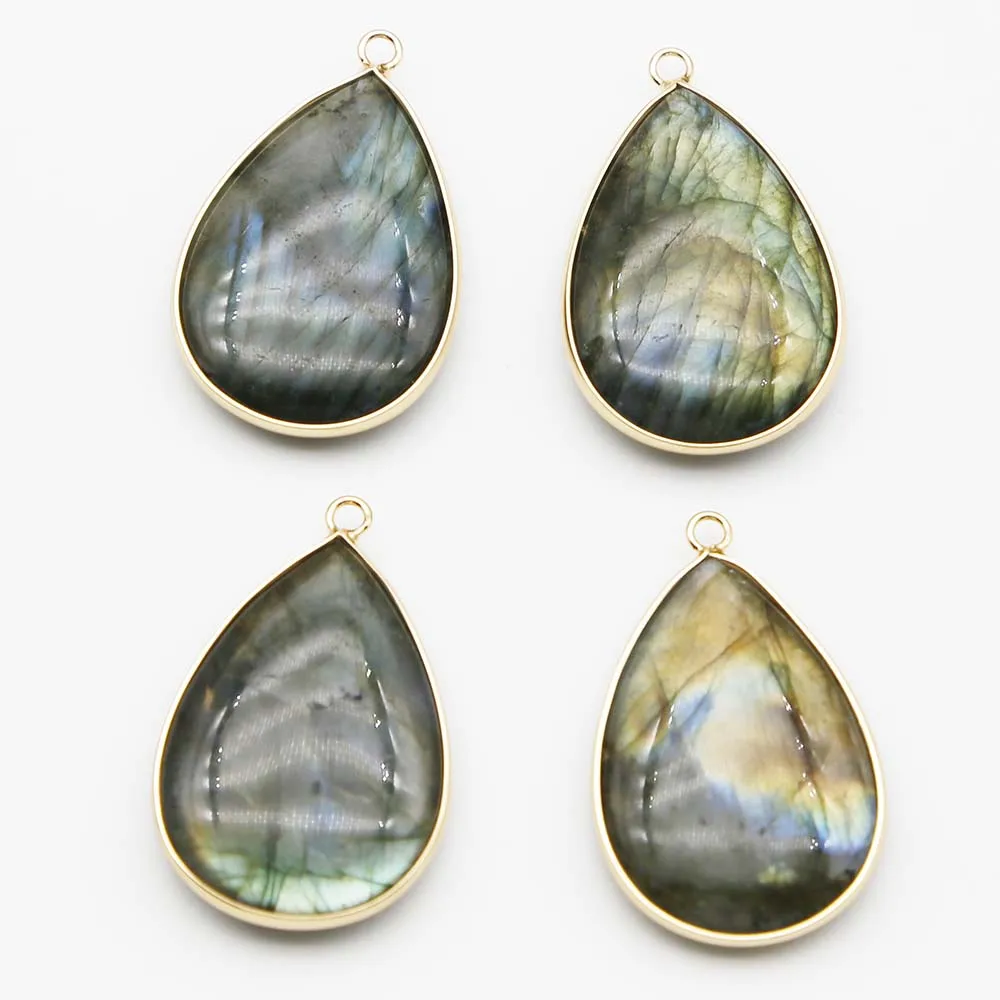 Selling Natural Gray Flash Stone Gilded Edge Water Drop Pendant Fine Necklace Reiki Charm DIY Jewelry Accessories Wholesale 4Pcs