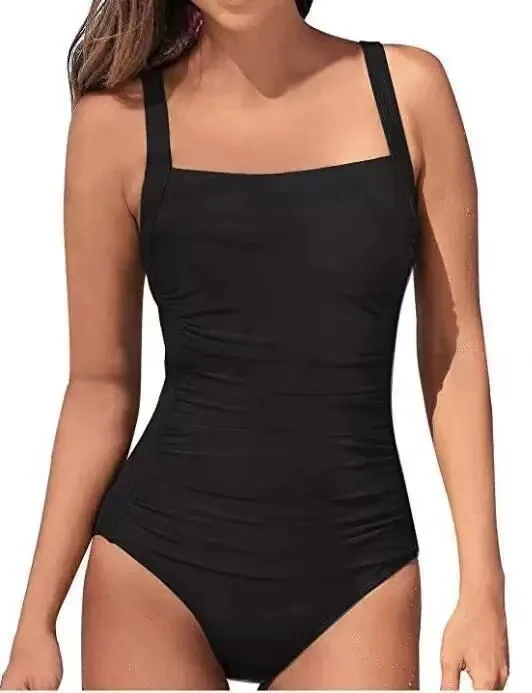 Sexy Solid Color Wrinkled One Piece Swimsuit Vest Style Bikini for Women