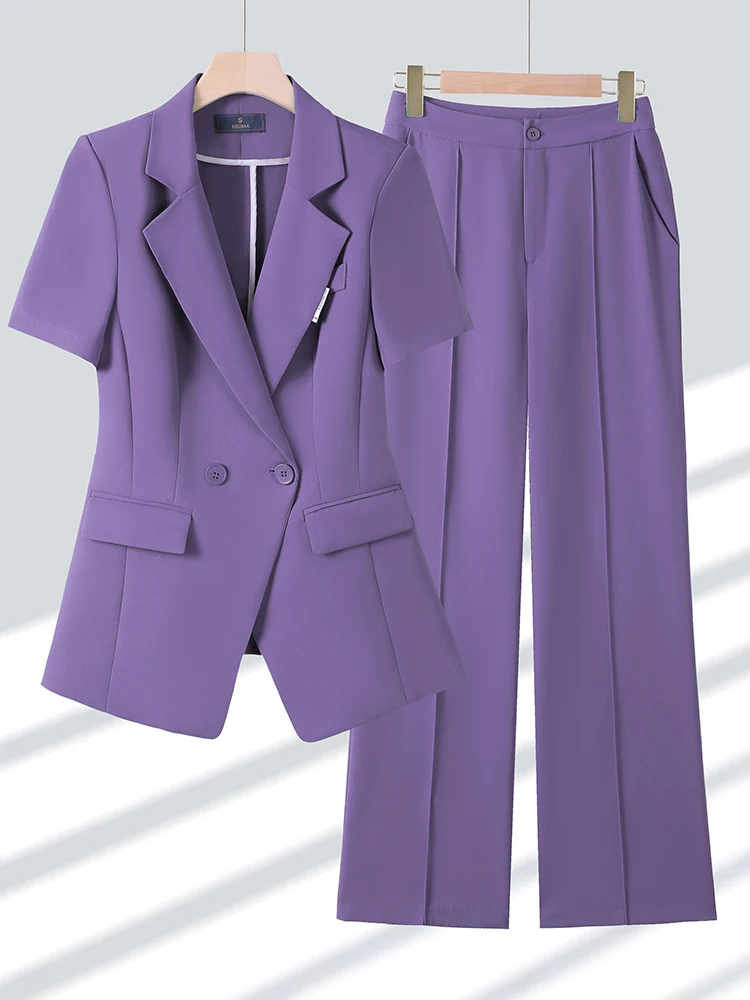 

Women Office Pant Suits 2023 Green Pink Purple Short Sleeves Double Breasted Blazer Wide Leg Trouser Work Wear Chic 2 Piece Sets