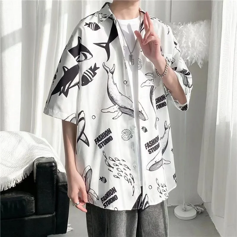 2024 Summer Men Whale Print Short Sleeve Shirt Fashion Cool Thin Loose Lapel Tops Hawaiian Holiday Beach Shirts Streetwear