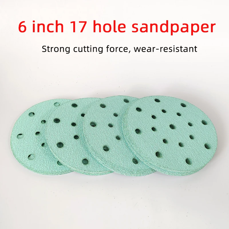 100 Pcs 6 Inch 17 Hole Sandpaper Car Sheet Metal Putty Polishing Round Flocking Self-adhesive Back Velvet Sandpaper Sheet 150mm