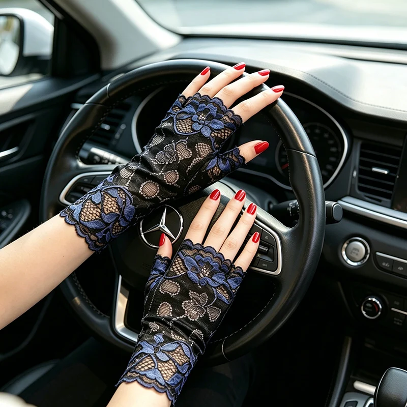 Sun Protection Gloves for Women, Half-Finger Driving Gloves, Lace Fingerless Half-Sleeves, Summer Wrist Protection Decoration