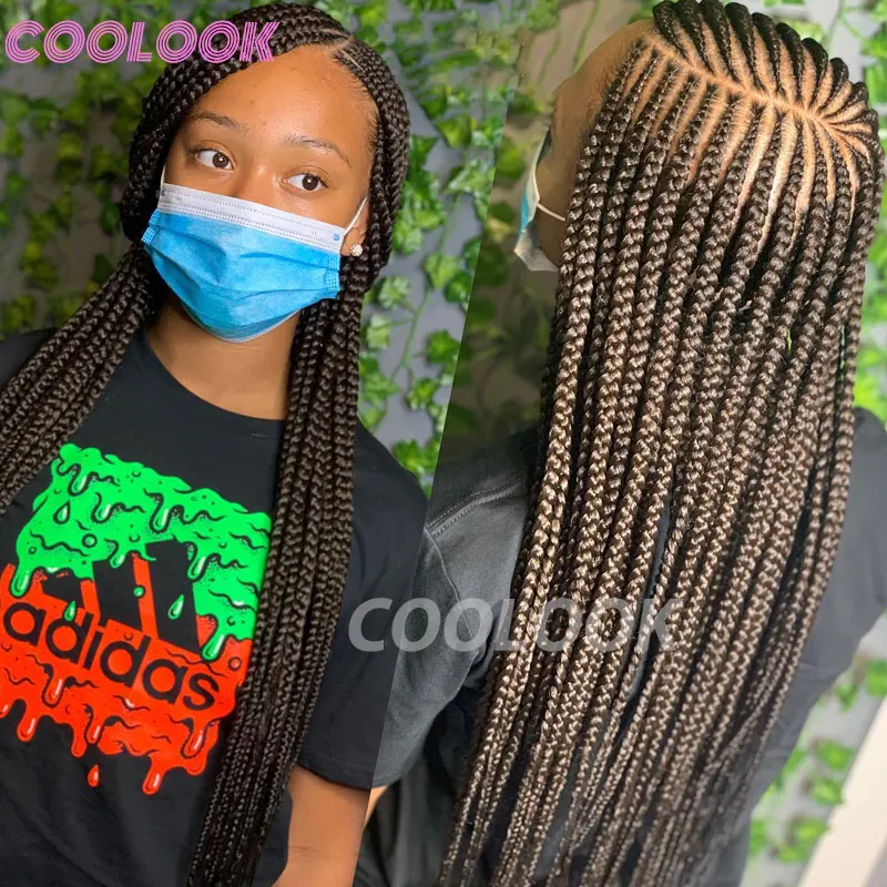 36Inch Synthetic Braids Wig Cornrow Lace Front Wigs Side Part Braid Wig Black Women Box Braided Frontal Lace Wigs With Baby Hair