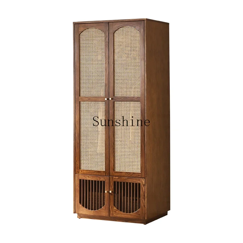 New Chinese solid wood wardrobe household bedroom rattan locker