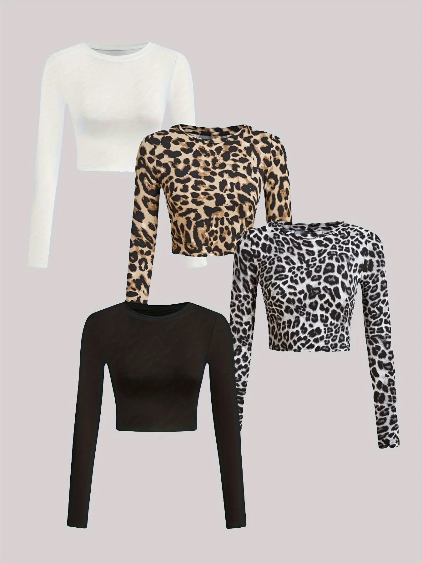 

Fashion basic solid-color leopard print women's casual multi-purpose trendy round-neck long-sleeve T-shirt set of four pieces