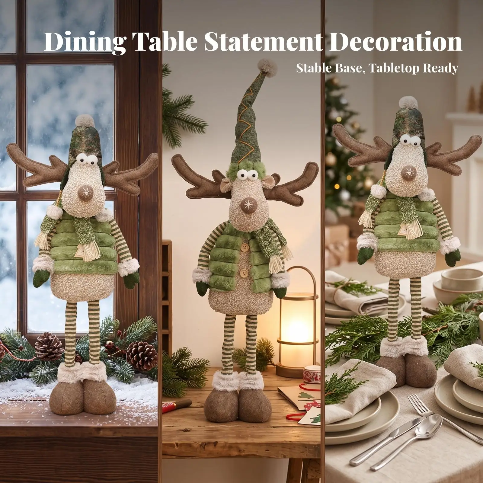 Stuffed Deer with Extendable Legs | Adjustable Height Construction, Whimsical Holiday Design, stuffed Reindeer Figurine, for