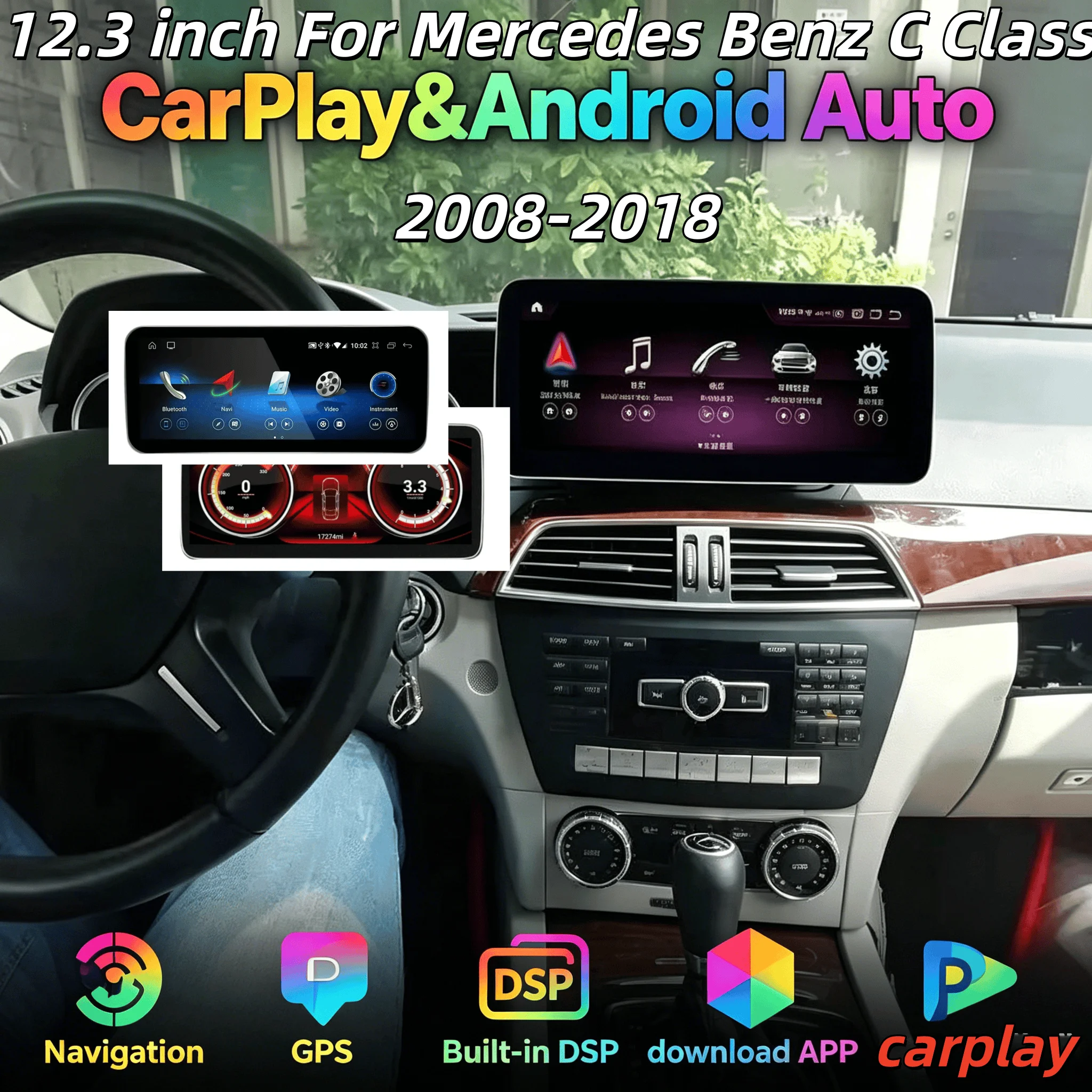 12.3" Multimedia Video Player For Mercedes Benz C Class 2008-2018 Android Touch Screen Car Radio Carplay  Stereo Navigation Head