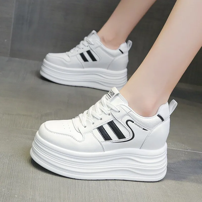 Comfortable Fashion 9CM Heightening Leather Surface Casual Shoes Thick Heel Platform Flats Small Size Versatile Chunky Sneakers