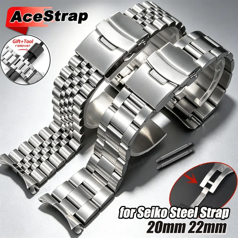 20mm 22mm Solid Clasp Stainless Steel Band for Seiko SKX009 SKX007 Men's Business Watch Strap 3-row 5-link Metal Watch Bracelet