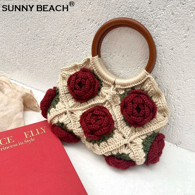 

Fashion Original Design Fashion Women Shoulder Bag Yarn Crochet Handmade Flower Red Casual Tote Lady Shopping Handbag