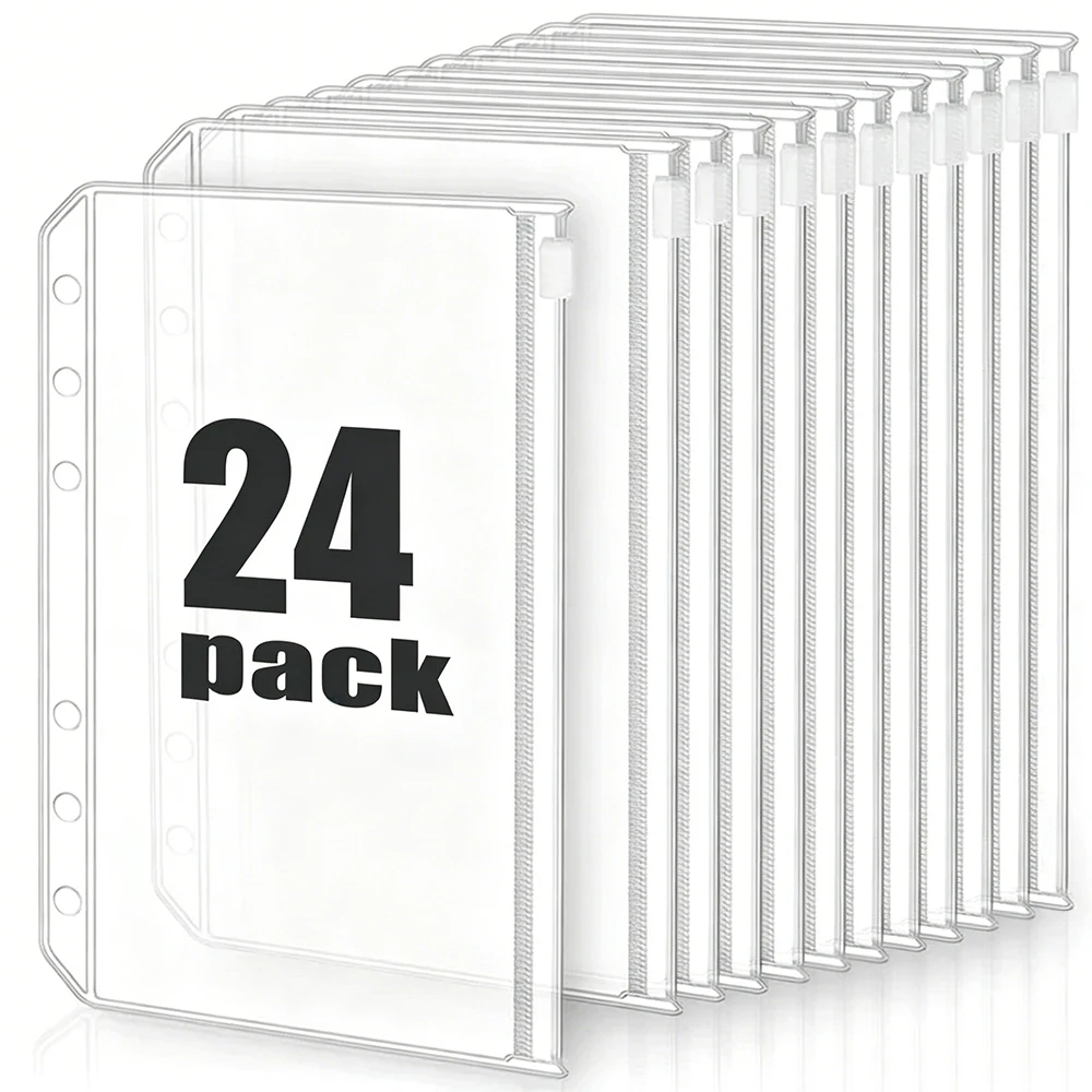 

2-24Pcs Waterproof A6 6-Hole Binder Pockets Waterproof PVC Cash Budget Envelopes Zipper Binder Pouches for Notebook Planner