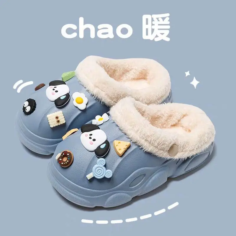 Diy Sanrio Pochacco Cotton Slippers Girl Removable and Washable Slippers Winter Anti-Slip Child Home Shoes Hello Kitty Kawaii