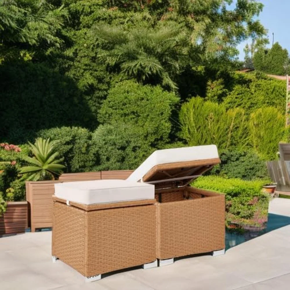 

Set of 2 Wicker Ottomans, Multipurpose Outdoor Furniture for Patio, Backyard, Additional Seating, Footrest, Side Table w/Storage