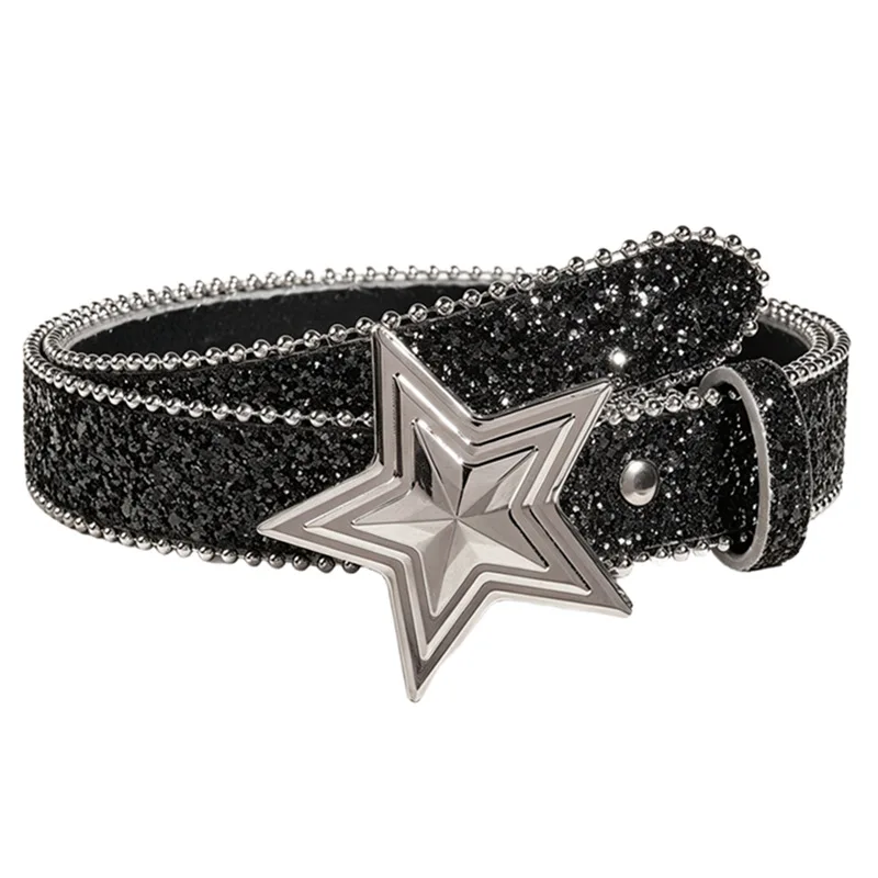Star Buckle Glitter Leather Belt High Shine Flake Surface Integrated Beaded Trim Anti Scratch Alloy Flexible Flat Waist Strap