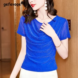 Women Sexy Sheer Mesh Bright Silk Elegant Basic T Shirt Summer Korean Style Swinging Collar Design Solid Short Sleeve Slim Tops