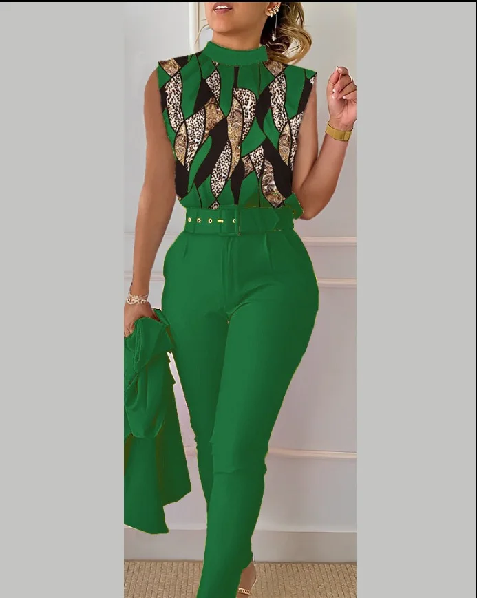 Fashion Printed Pant Sets Women 2023 Summer New Sleeveless Tops Slim Belt Long Pants Two Piece Set Casual Commuting Ladies Suits