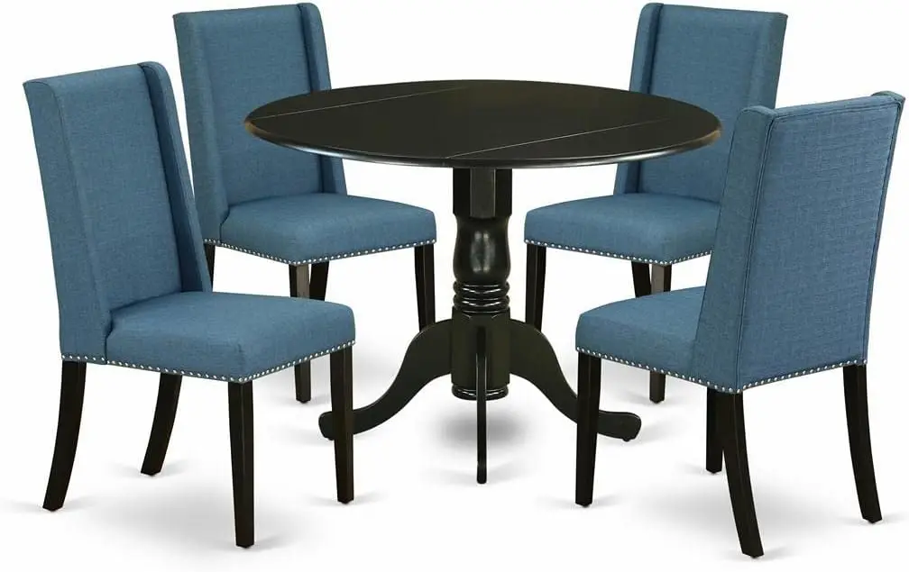 

5 Piece Kitchen Set for 4 Includes a Round Table with Dropleaf and 4 Blue Linen Fabric Parson Dining Room Chairs