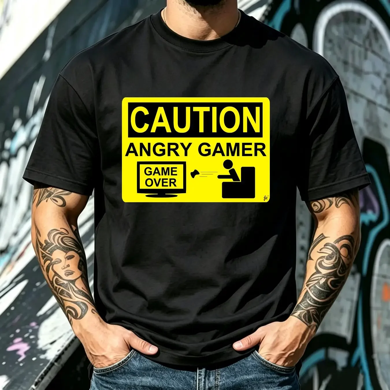 washed T Shirt Caution Angry Gamer Warning Sign Game Over Lost Kids Boys vintage Washed Top For Everyday Wear Stretched Unisex