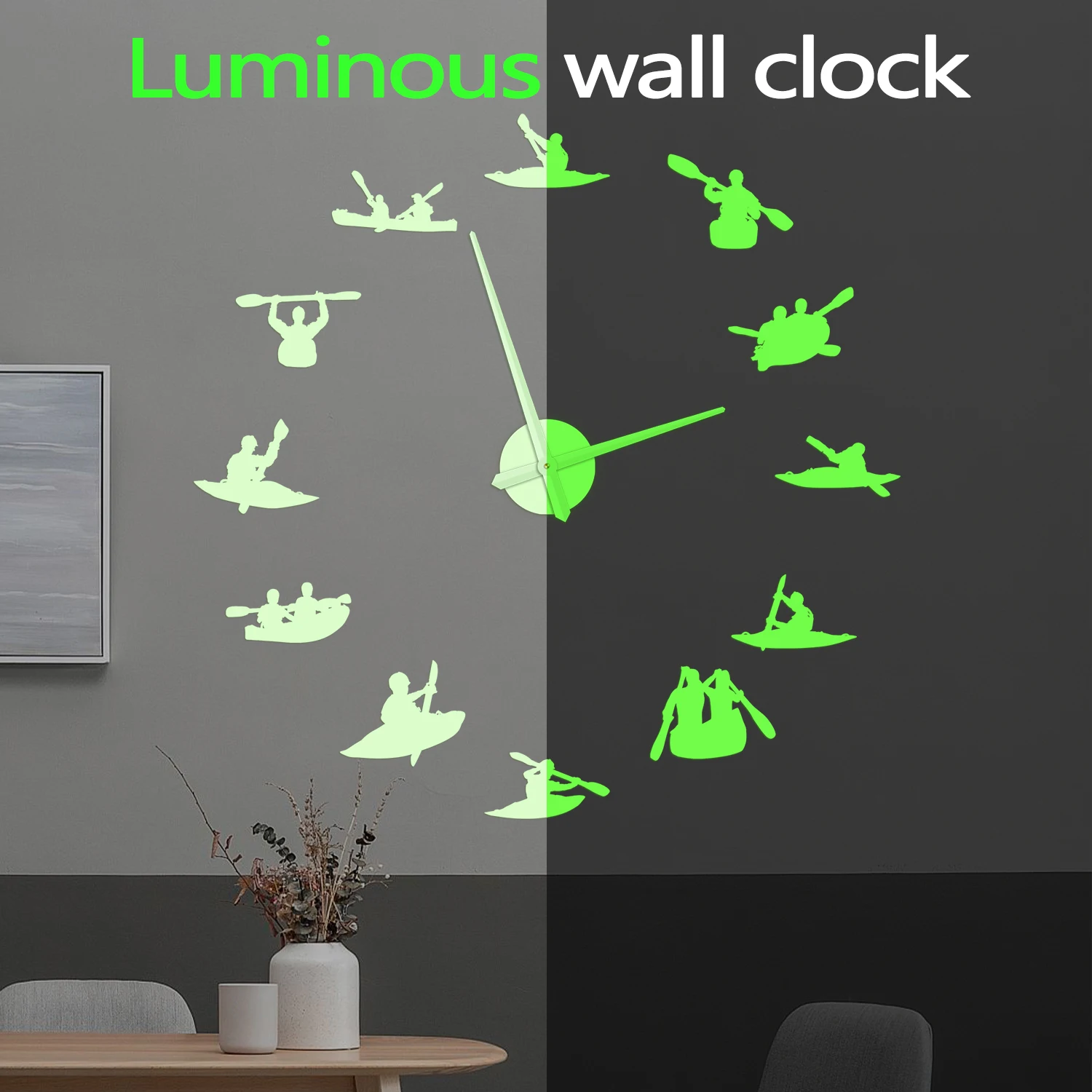 Kayak Canoe Paddling DIY Wall Clock Glow in Dark Canoeing Home Decor Rafting Kayaker Luminous Self Adhesive Sticker Wall Clock