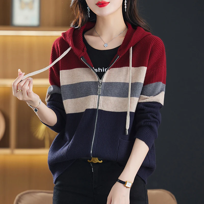 

Women's Coat With Hooded Autumn Winter Outwears Long Sleeve Stripe Knitwears Zipper Jacket Woman