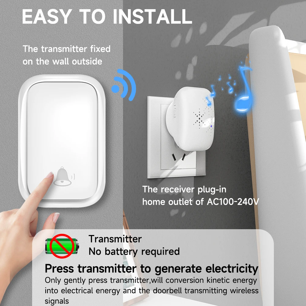 Wireless Self Generating Doorbell Waterproof No Battery 150m Long Distance High Volume Kinetic Door bell