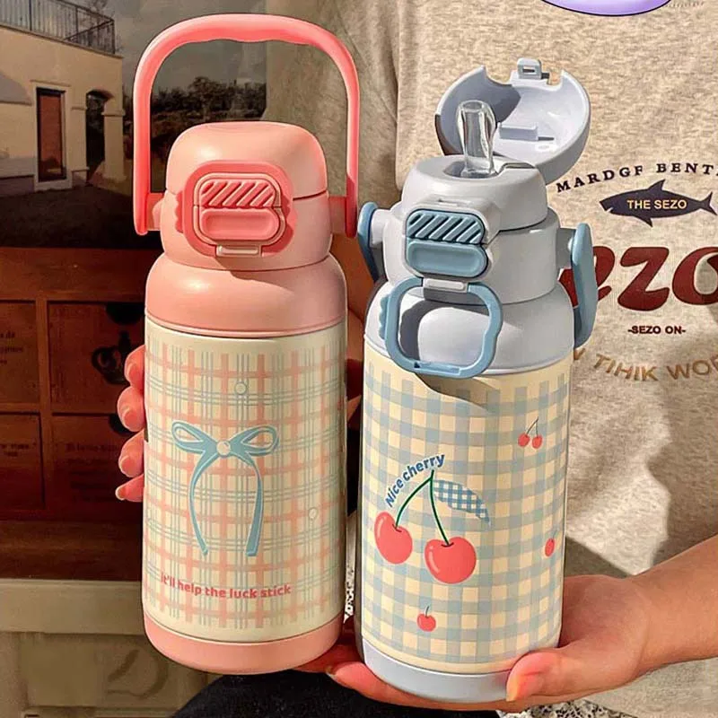 

700 мл термобутылка для воды с милым бантом для девочек, портативная ручка 316, двойная соломенная термобутылка для занятий спортом на открытом воздухе, подарок
