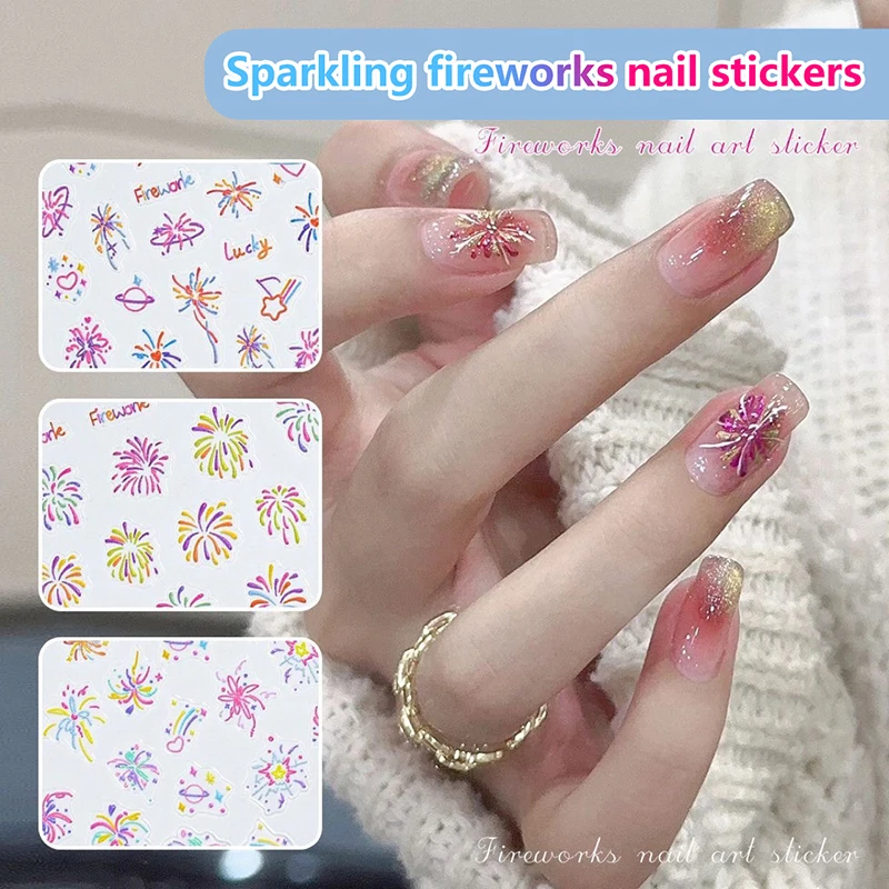 Nieuwjaar Kleurrijk Vuurwerk Nail Art Stickers Romantische Sterrenhemel Helder Vuurwerk Lijm 3D Relief Nail Slider Sieraden