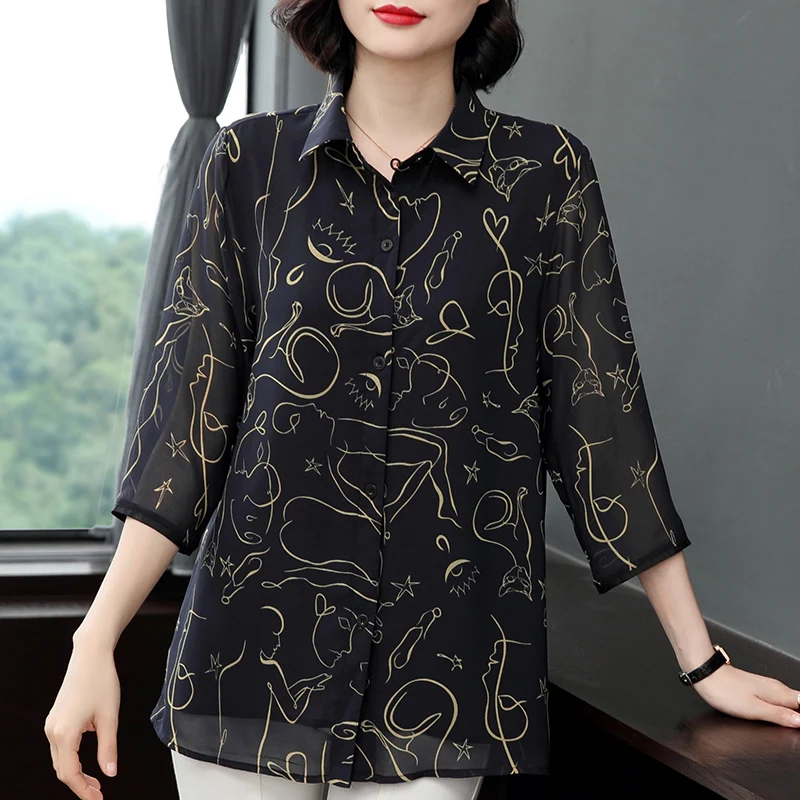 Middle-year women mom clothes blouse summer see-through loose seven-part sleepy chiffon shirt BL1217