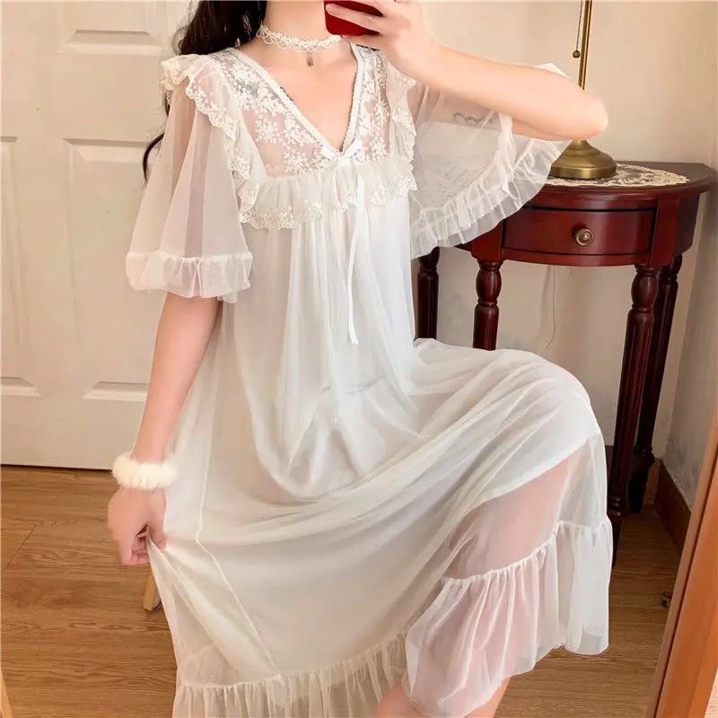 M-4XL Nightgowns Women Sleepwear White Midi V-neck Sweet Ruffles A-line Spliced Temper Elegant Lounge Summer Aesthetics Home Ins