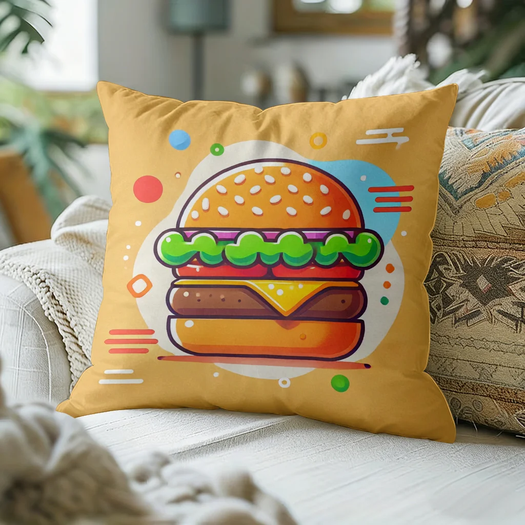Cute Cartoon Burger Pillow Case, Fast Food Pattern Cushion Cover, Kawaii Kitchen Decor for Sofa Bedroom Living Room Kids Gift