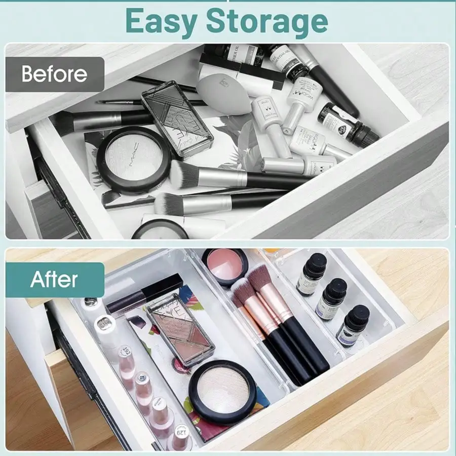 Conjunto de organizador de gaveta transparente de 25 unidades, 4 tamanhos, caixas de armazenamento multifuncionais