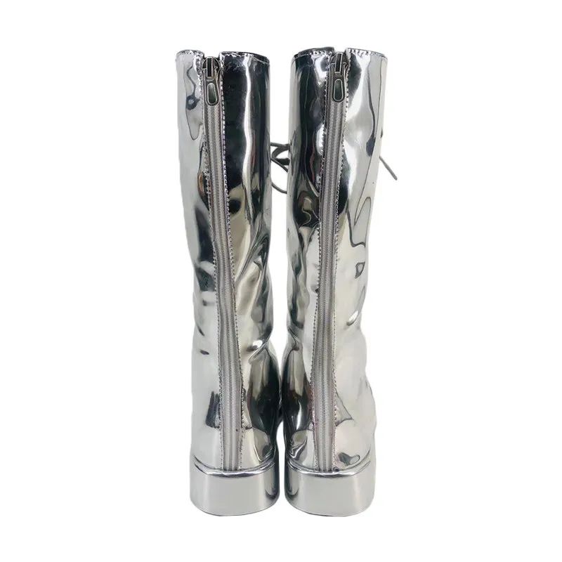 Fashion Silver Metallic Kids Runway Shoes Custom Stage Performance Boots Space Theme Model Show Footwear