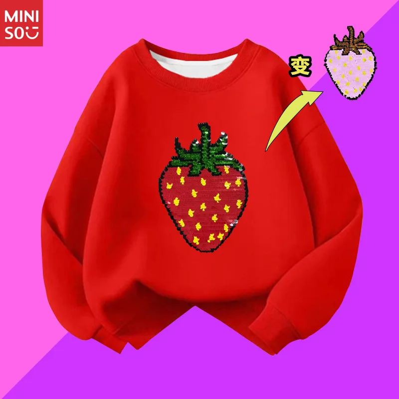 

Miniso 2025 Cotton New Big Kids Long Sleeve Hoodie Double Sided Color Change Glitter Cartoon Anime Children Top