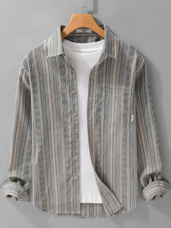 

Retro Japanese Artistic Long Sleeve Men's Shirt Loose Fit Color Woven Vertical Stripes Ethnic Style Fashionable Cotton Blend