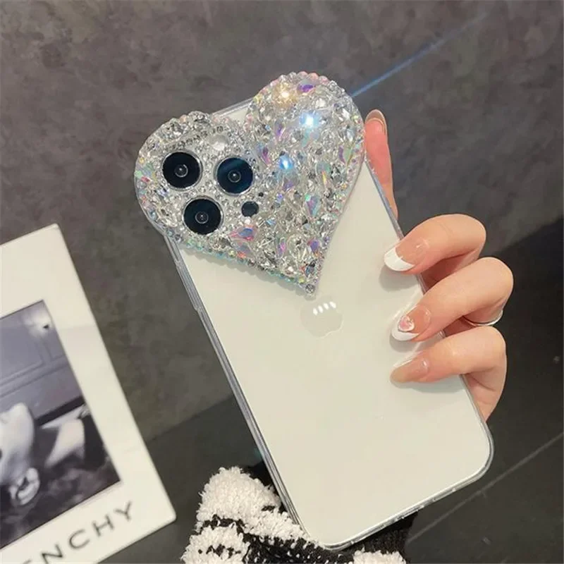 

Diamond Love Heart Protective Case for iPhone 16Pro 15Plus, 14, 11, 12, 13Pro, XR, XS, Soft Cover, Bling, Diamond, Luxury, Bling