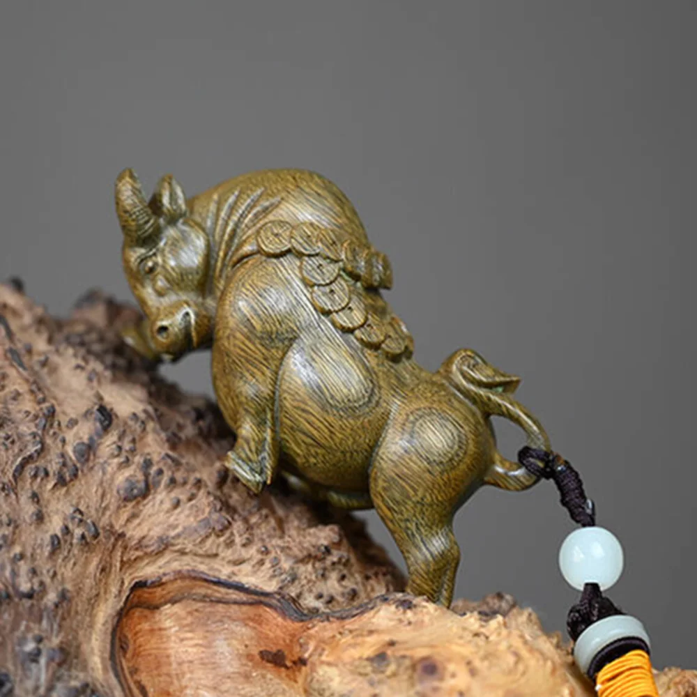 jw222-85-センチメートル裕福な雄牛-ox-緑白檀彫刻ミニキーホルダー車のバッグペンダントぶら下げ風水幸運の根付