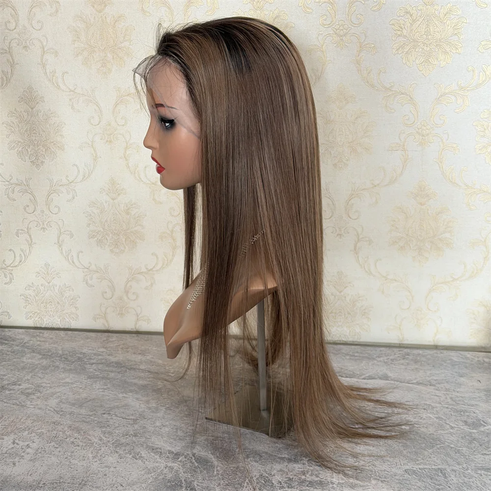 

In Stock 24" Medium Brown Highlights Straight Wig Full Lace Human Hair Wigs HD Pre Plucked Cheap Full Lace Wig For Women