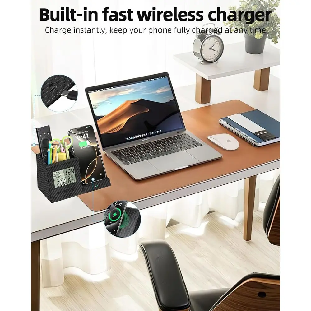 Wireless Charging Desk Organizer with Digital Thermometer, Humidity Monitor, and Storage for Home Office