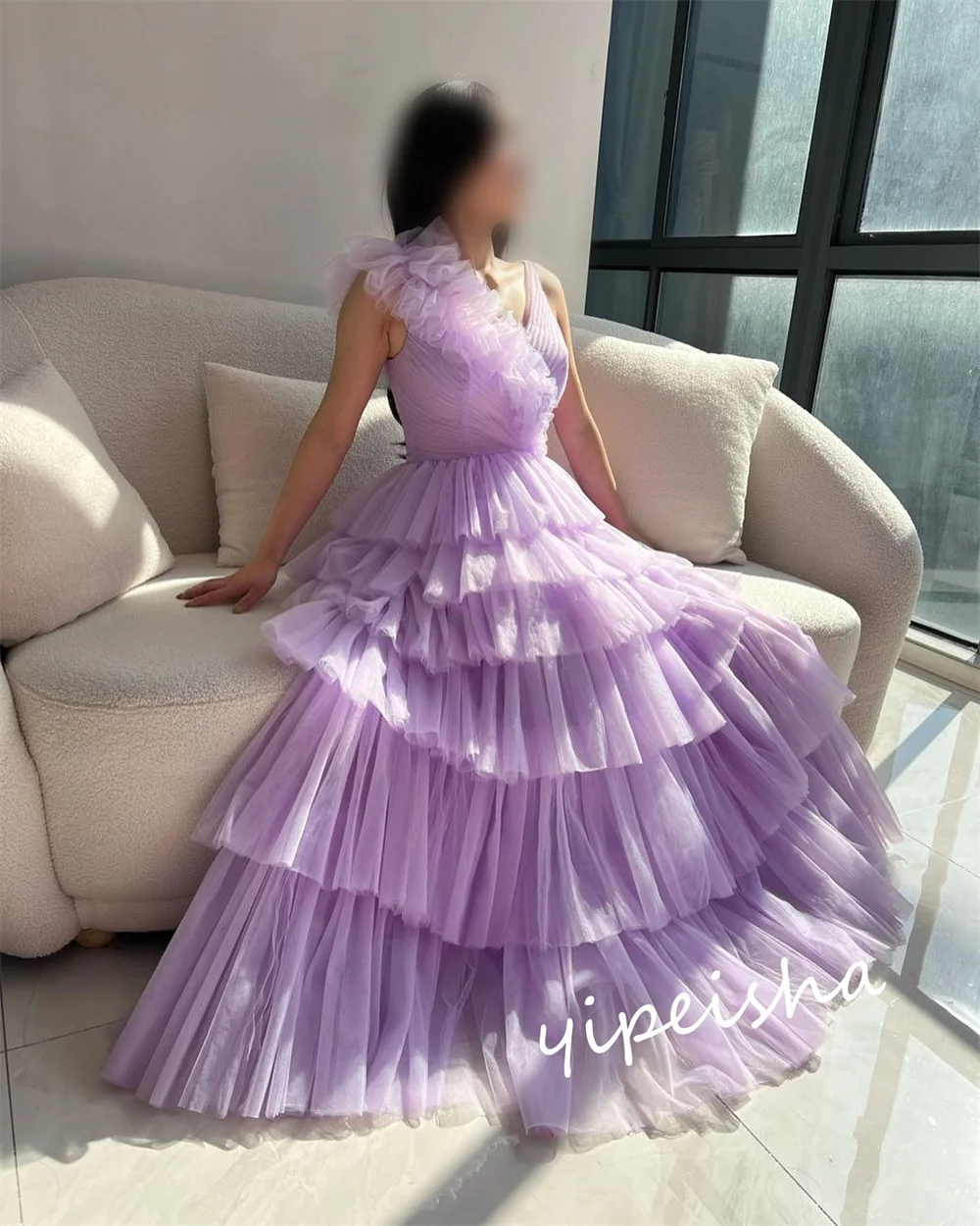 Jiayigong Sparkle  Prom Tulle Tiered Evening  Gown V-neck Bespoke Occasion  Long Dresses