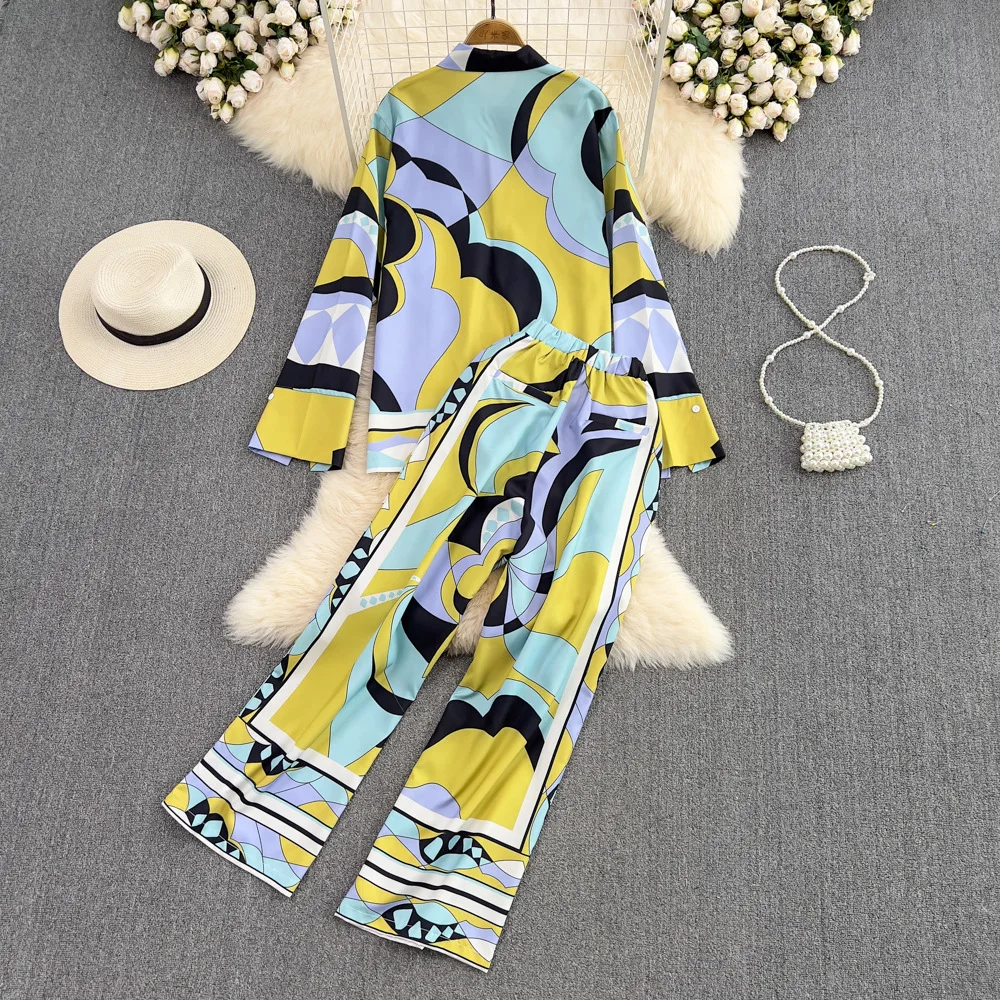 European And American Fashion Women Pajamas Set Loose And Thin Lapel Printed Long-sleeved Wide-leg Pants 2-piece Set Pijama Suit