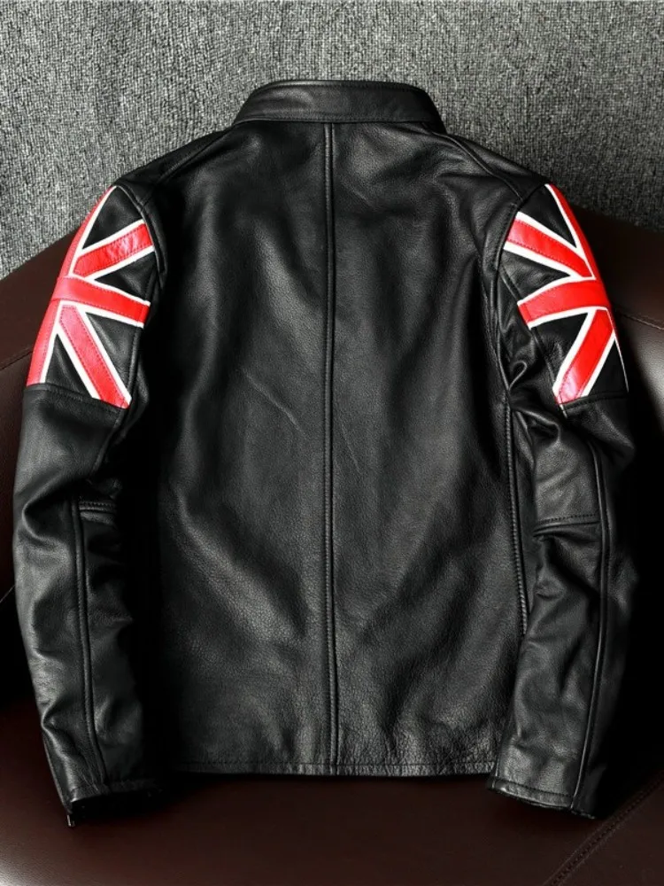 British Style Stand Collar Black Motorcycle Jacket Men Genuine Leather Coat Zipper Slim Punk Cowhide Pilot Jackets Size S-4XL