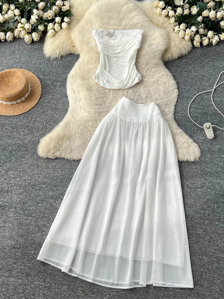 

Корейский женский облегающий жилет и юбка с высокой талией и 3D цветочным дизайном для повседневных летних нарядов для поездок на работу