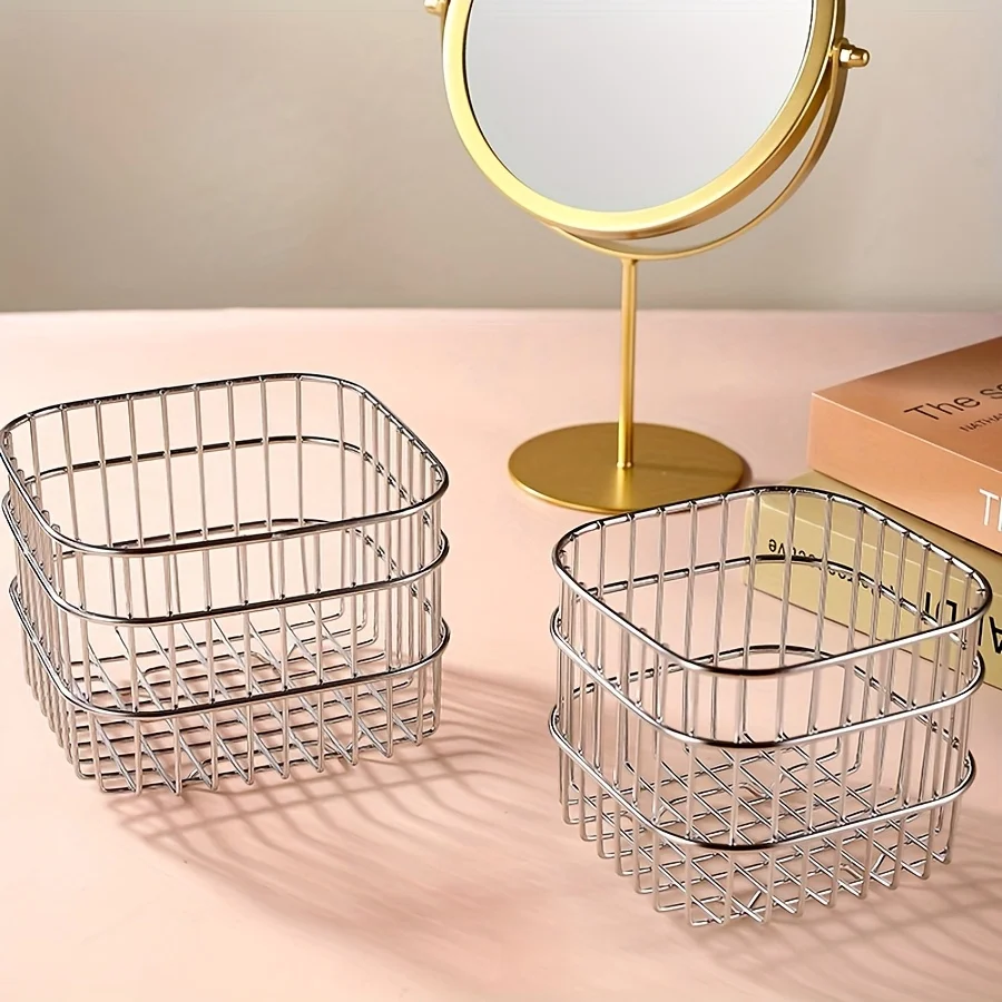 Multi-Functional Stainless Steel Storage Basket, Perfect Desktop Organizer for Cosmetics, Makeup Brushes, Skincare Tools