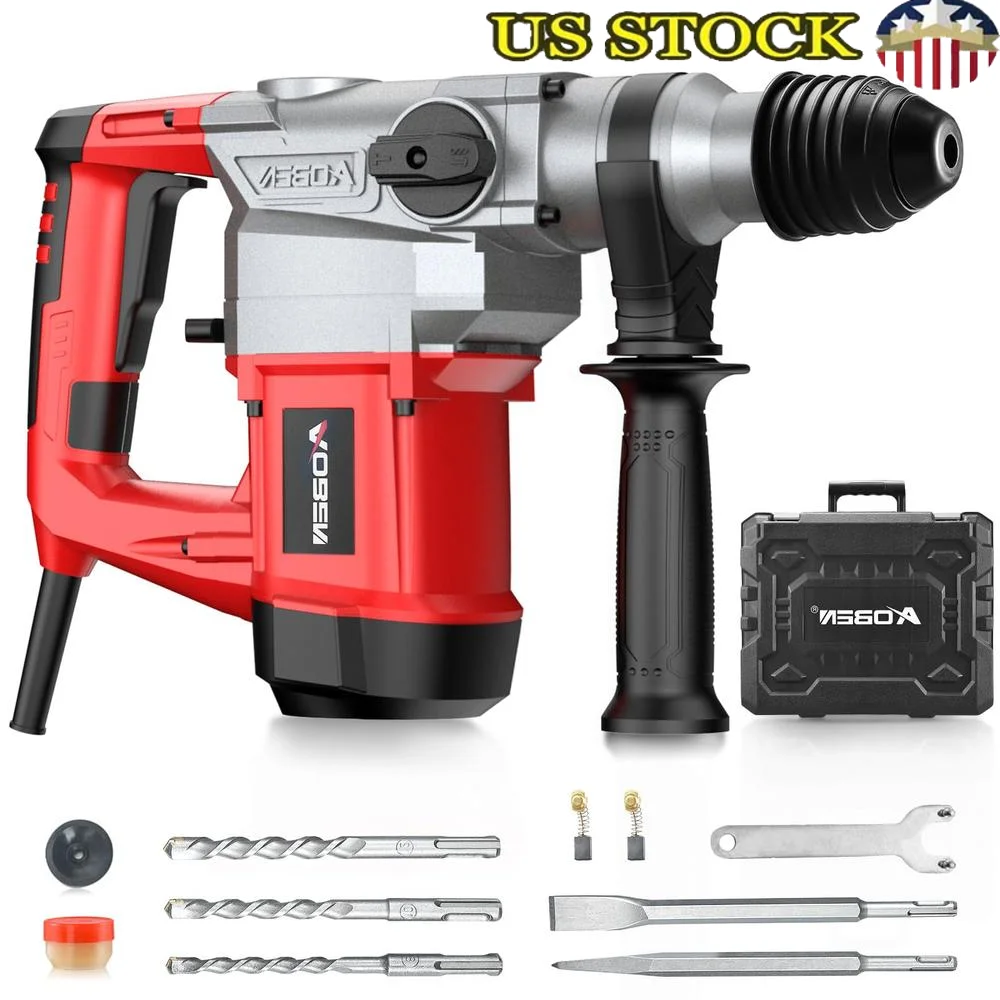 SDS-Plus Rotary Hammer Drill 10Amp Vibration Control Safety Clutch Demolition Hammer Kit 3 Drill Bits Chisel Case Wood Masonry