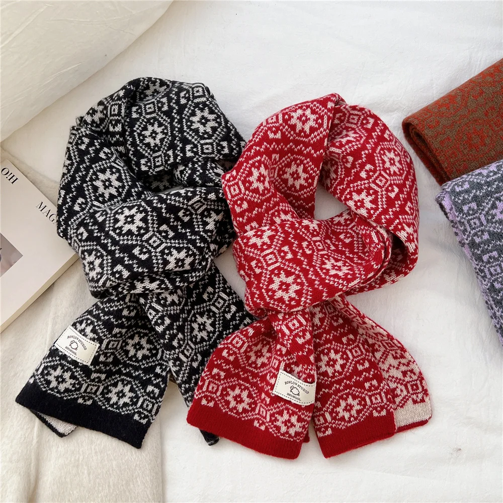 

100% Pure Wool Winter Scarf Woman Man Autumn Black Red Orange Snowflake Pattern Neck Scarves Woman Christmas Accessory