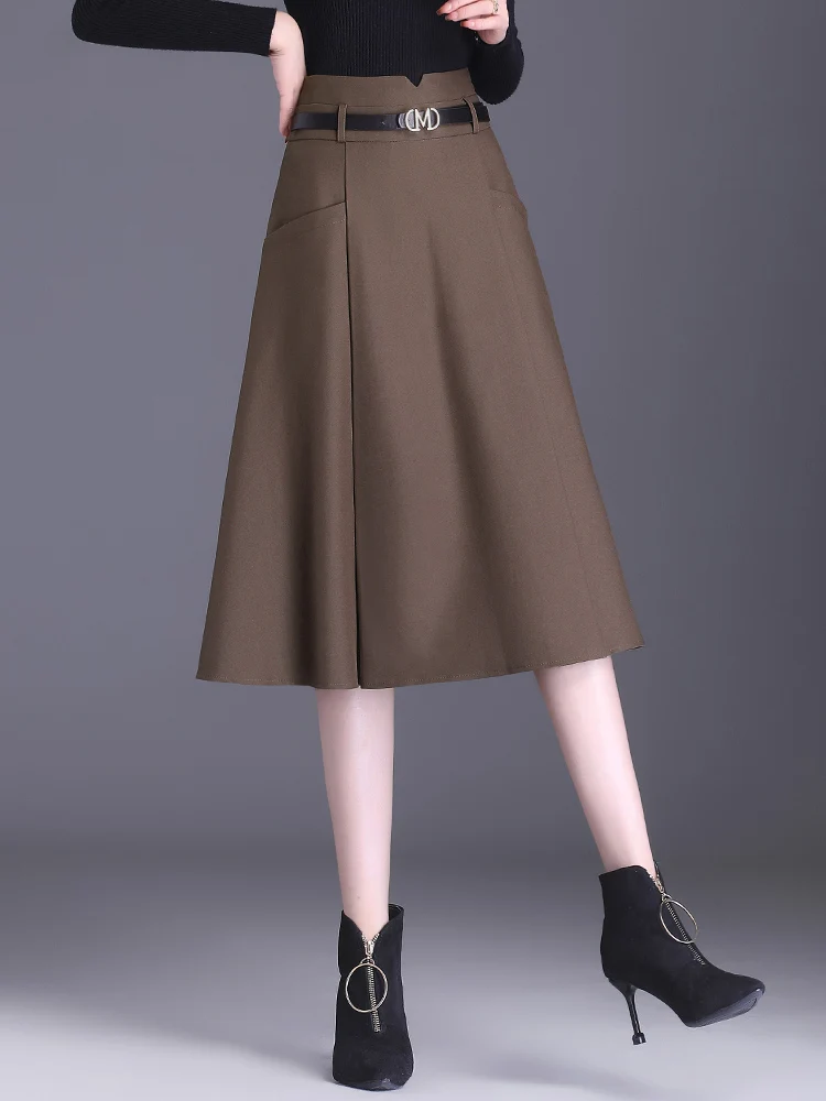 Fall Winter Twill Knit Pockets A-Line Womens Office Lady Black Brown High Waist S-3XL Female Mid Long Pleated Skirt Gift Belt