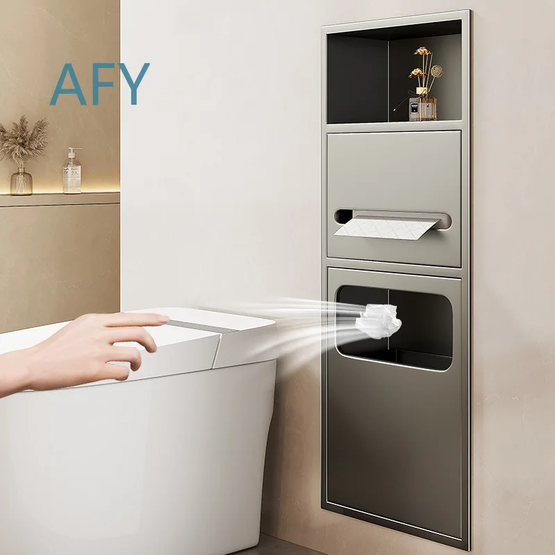 For Toilet Wall Niche Storage Cabinet for Bathroom Trash Can Organizer Shelf with Door 304 Stainless Steel Recessed Wall